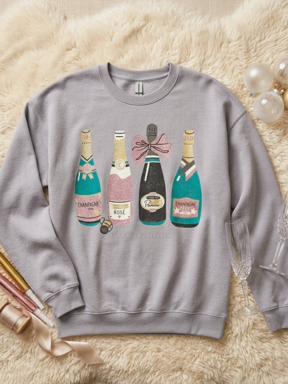 Goodie Two Sleeves Gray Crewneck Fleece Sweatshirt Champagne Bottles Graphic M